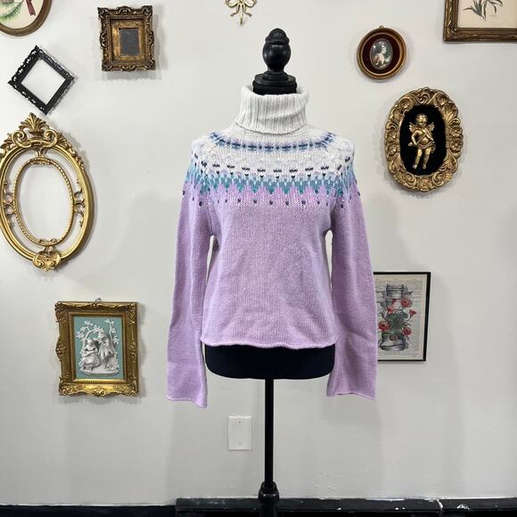 Vintage Y2K Rue 21 Lilac Fair Isle Sequin Knit Turtleneck Sweater Bell Sleeves - Picture 1 of 5